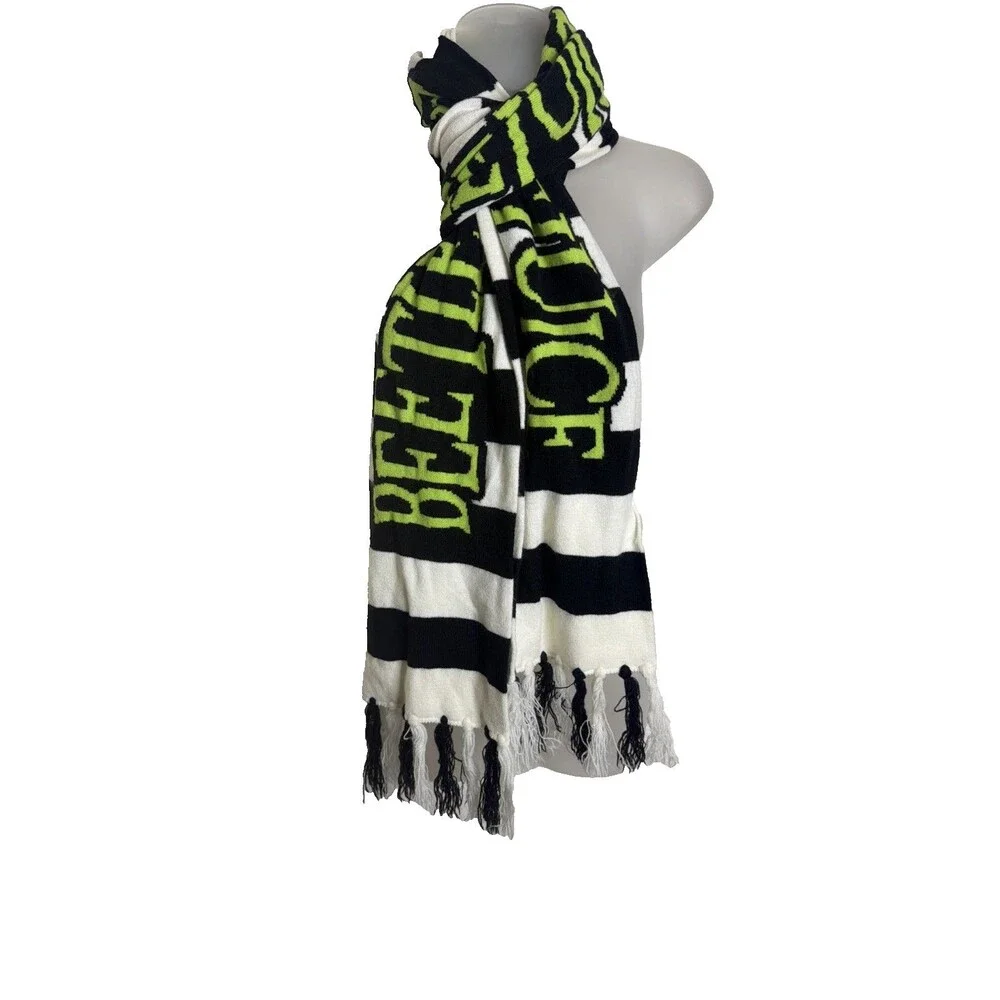 Tim Burton's Beetlejuice Scarf  Vintage 78”x8” Striped Tassels White Black Green
